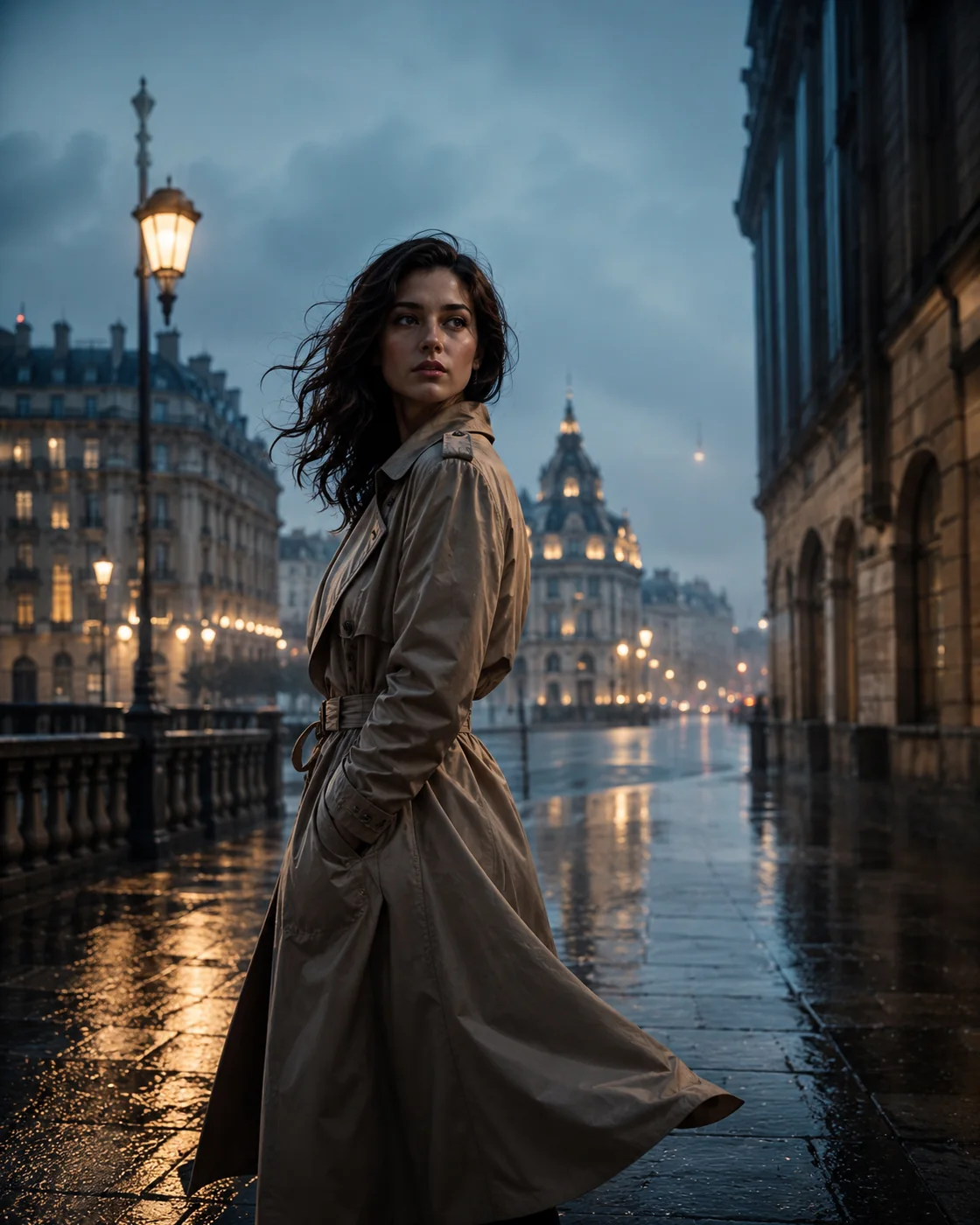 A woman in a trench coat on a rain-soaked European boulevard at blue hour
